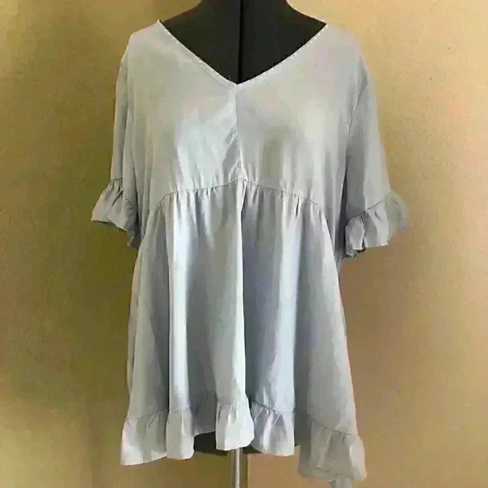 White Birch Light Blue Flared Loose Top Womens Medium - Picture 2 of 7